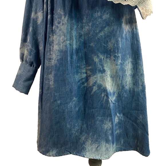 NWT 5RUE denim one shoulder dress w white eyelet ruffle trim Sz Medium MSRP $192 - Picture 7 of 15